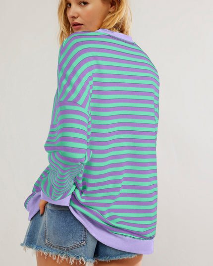Blue Striped Contrast Trim Drop Shoulder Sweatshirt