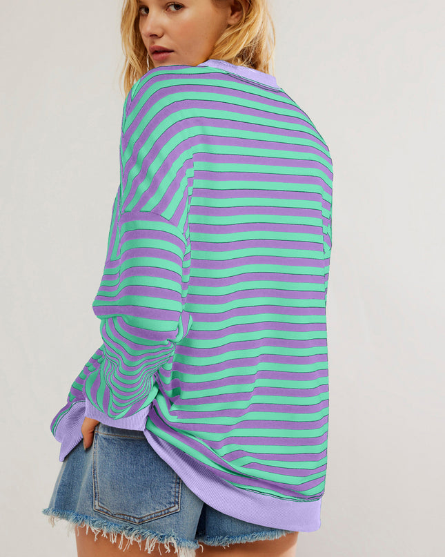 Blue Striped Contrast Trim Drop Shoulder Sweatshirt