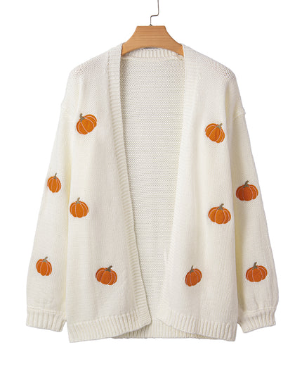 White Pumpkin Print Open Front Drop Shoulder Knit Cardigan
