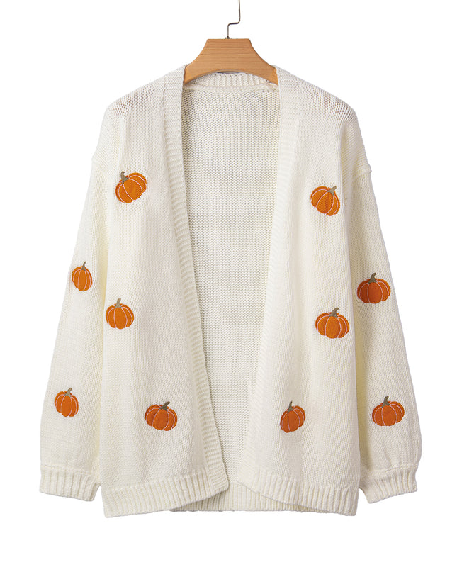 White Pumpkin Print Open Front Drop Shoulder Knit Cardigan