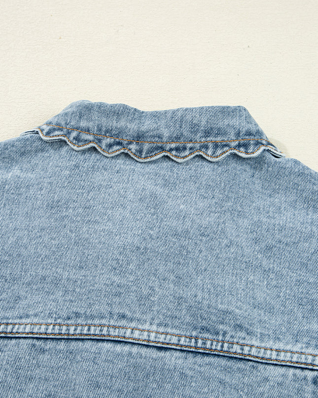 Myosotis Scallop Trim Collar Pocket Button Up Denim Jacket