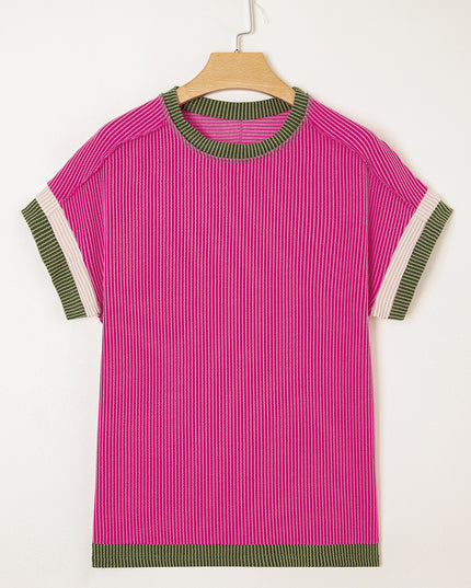 Rose Red Textured Colorblock Round Neck T Shirt