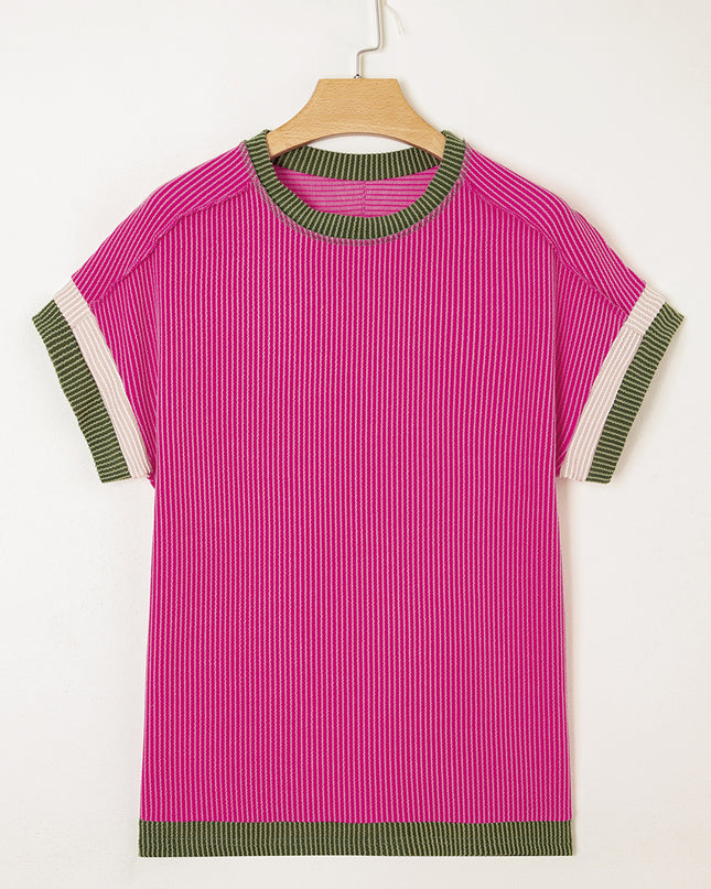 Rose Red Textured Colorblock Round Neck T Shirt