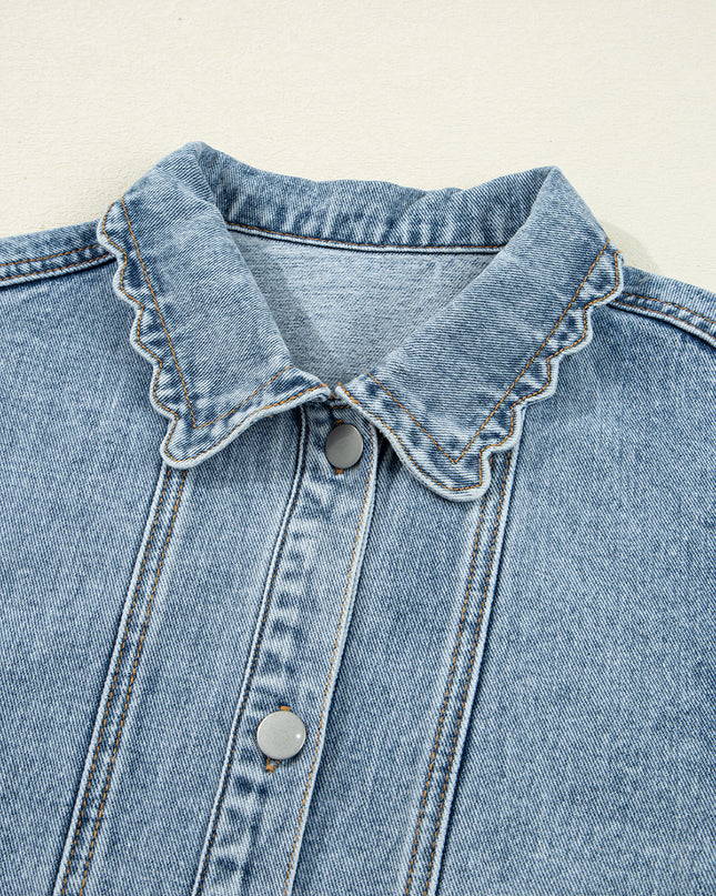 Myosotis Scallop Trim Collar Pocket Button Up Denim Jacket