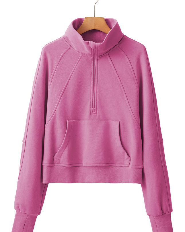 Black Zip Up Stand Collar Ribbed Thumbhole Sleeve Sweatshirt