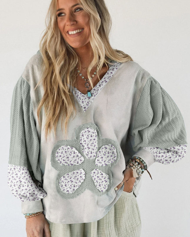 Beige Floral Textured Colorblock Patchwork Bishop Sleeve Hooded Top