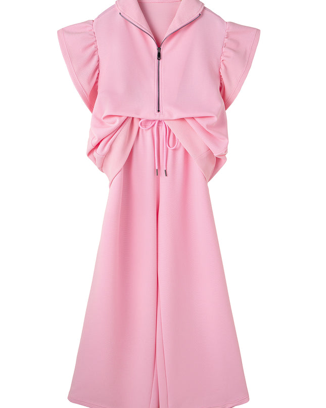 Beau Blue Textured Ruffle Sleeve Zipped Top and Wide Leg Pants Set