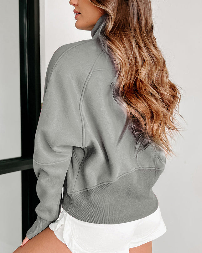 Black Zip Up Stand Collar Ribbed Thumbhole Sleeve Sweatshirt
