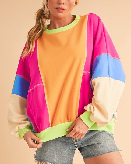 Grapefruit Orange Colorblock Patchwork Drop Shoulder Top