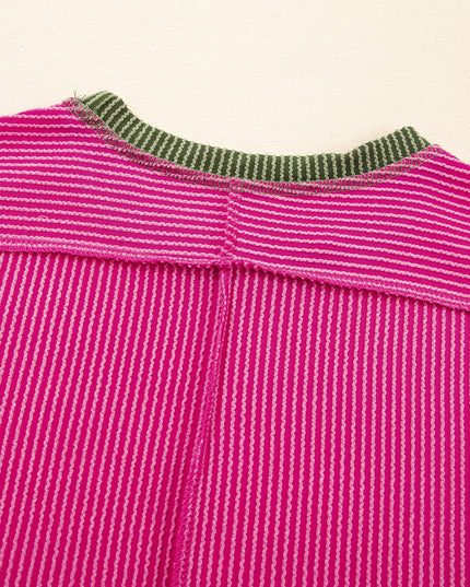Rose Red Textured Colorblock Round Neck T Shirt
