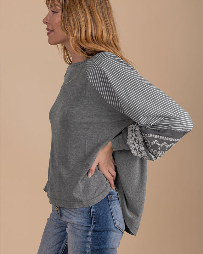 Rose Red Contrast Print Striped Raglan Long Sleeve Loose Top