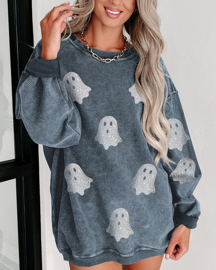 Pink Halloween Ghost Corded Crew Neck Loose Sweatshirt