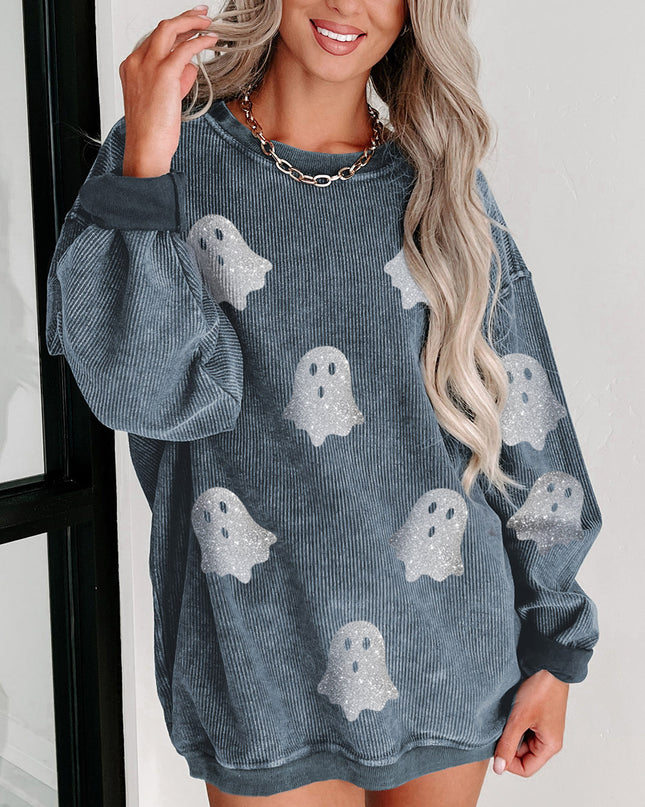 Pink Halloween Ghost Corded Crew Neck Loose Sweatshirt