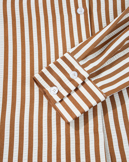 Brown Stripe Ruffle Hem Collared Long Sleeve Shirt Mini Dress