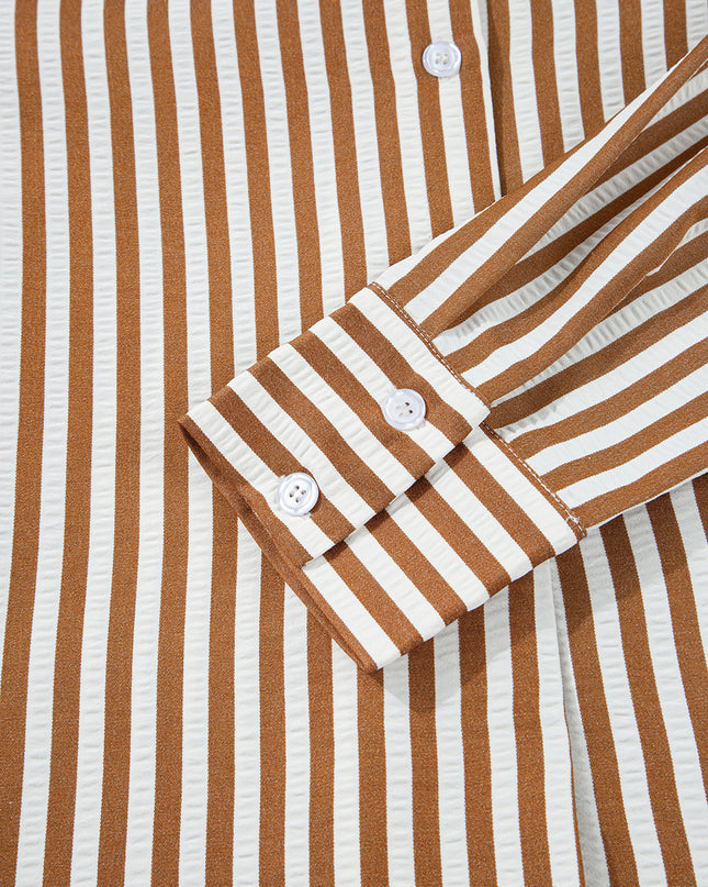 Brown Stripe Ruffle Hem Collared Long Sleeve Shirt Mini Dress