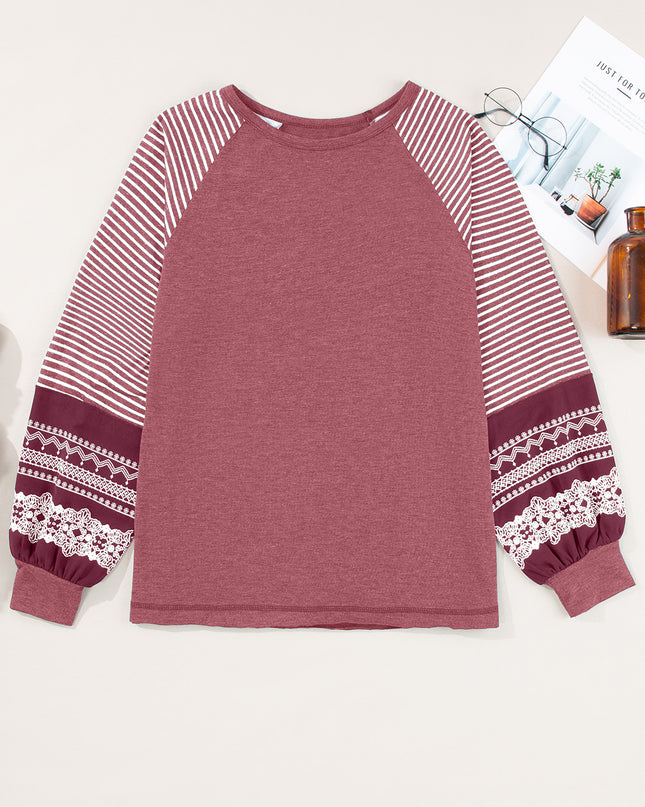 Rose Red Contrast Print Striped Raglan Long Sleeve Loose Top