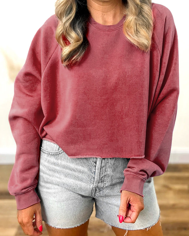 Racing Red Solid Color Raglan Sleeve Pullover Sweatshirt
