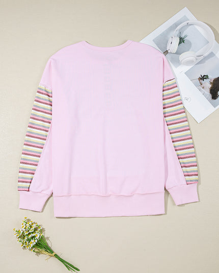 Pink Striped Patchwork Button V Neck Pullover Sweatshirt
