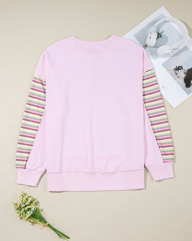 Pink Striped Patchwork Button V Neck Pullover Sweatshirt