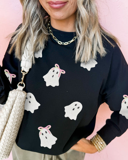 Black Sequin Cute Bow Ghost Graphic Crew Neck Halloween Sweatshirt