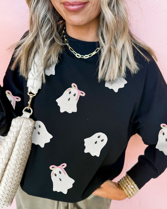 Black Sequin Cute Bow Ghost Graphic Crew Neck Halloween Sweatshirt