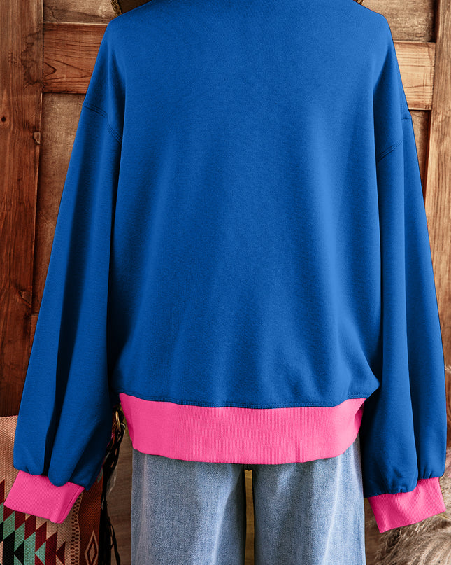 Blue Contrast Trim Bubble Sleeve Sweatshirt