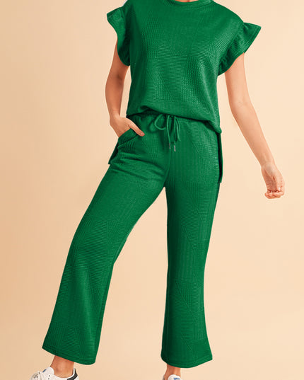 Black Textured Ruffle Summer Top and Drawstring Pants Set