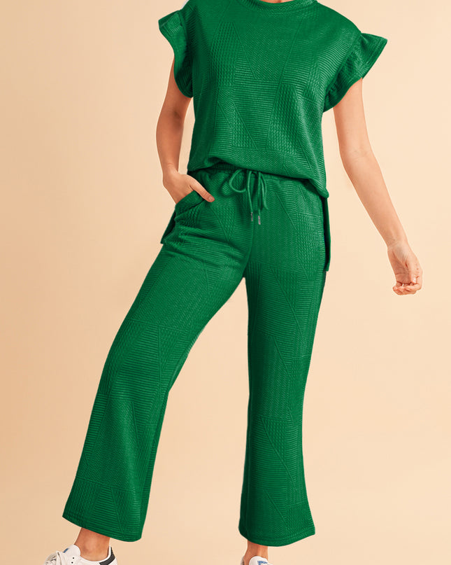 Black Textured Ruffle Summer Top and Drawstring Pants Set