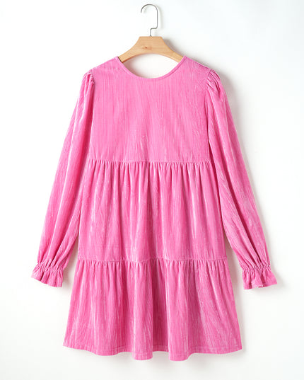 Strawberry Pink Flounce Sleeve Tiered Ruffled Velvet Mini Dress