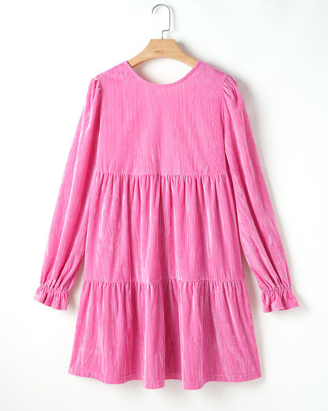 Strawberry Pink Flounce Sleeve Tiered Ruffled Velvet Mini Dress