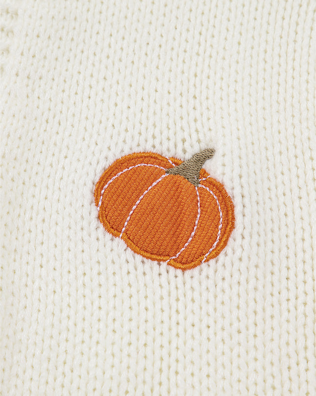 White Pumpkin Print Open Front Drop Shoulder Knit Cardigan