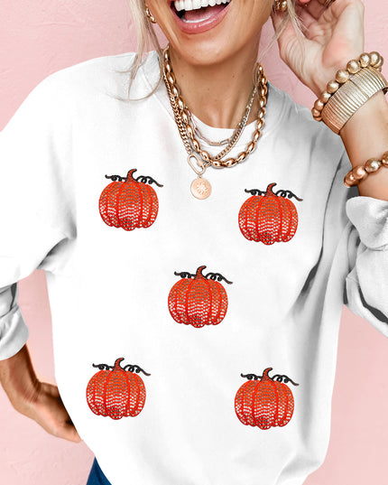 White Sequin Pumpkin Patched Drop Shoulder Sweatshirt