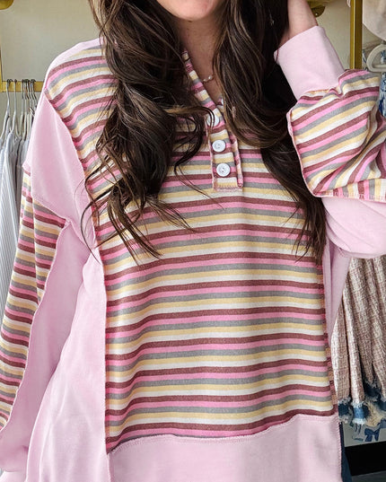 Pink Striped Patchwork Button V Neck Pullover Sweatshirt