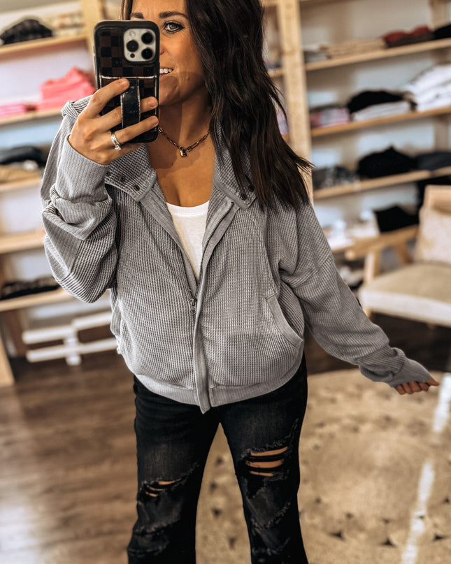 Gray Waffle Splicing Zip Up Front Button Hooded Jacket