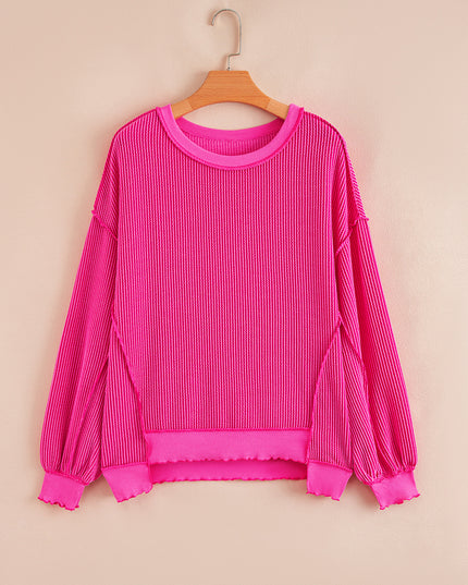 Strawberry Pink Twisted Ribbed Seamed Patchwork Long Sleeve Top