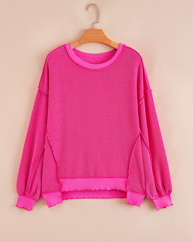 Strawberry Pink Twisted Ribbed Seamed Patchwork Long Sleeve Top