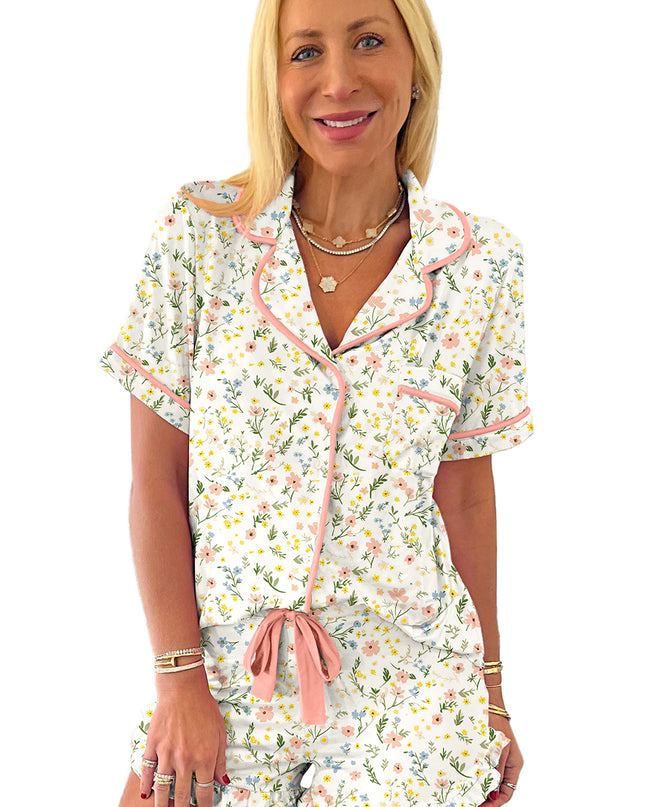 Pink Polka Dot and Bow Print Ruffle Hem Shorts Pajama Set
