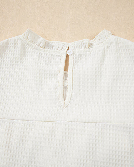 White Solid Color Ruffle Trim Waffle Textured Blouse