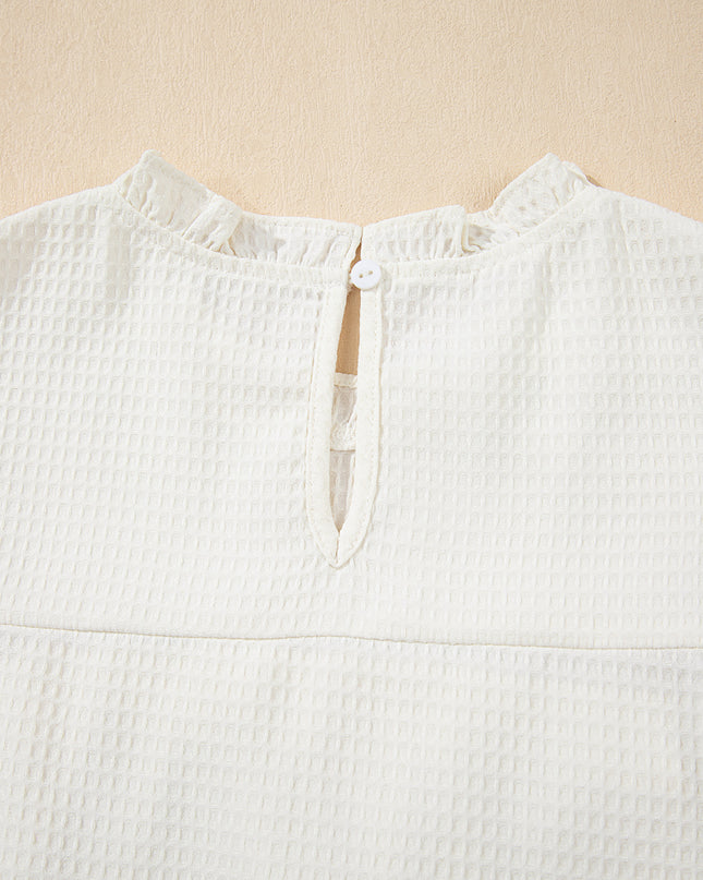 White Solid Color Ruffle Trim Waffle Textured Blouse