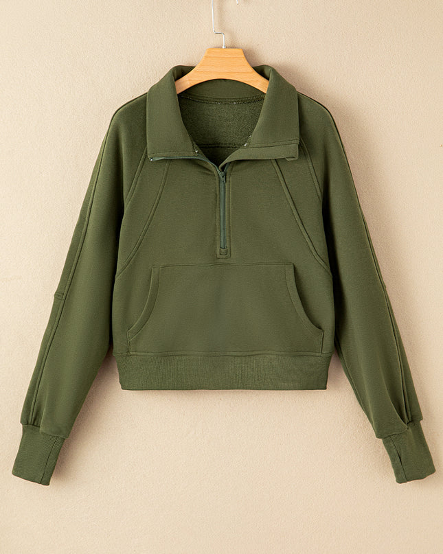 Black Zip Up Stand Collar Ribbed Thumbhole Sleeve Sweatshirt