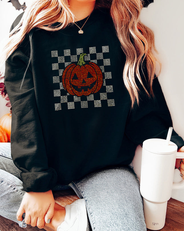 Black Rhinestone Jack-o-lantern Checkered Graphic Halloween Sweatshirt