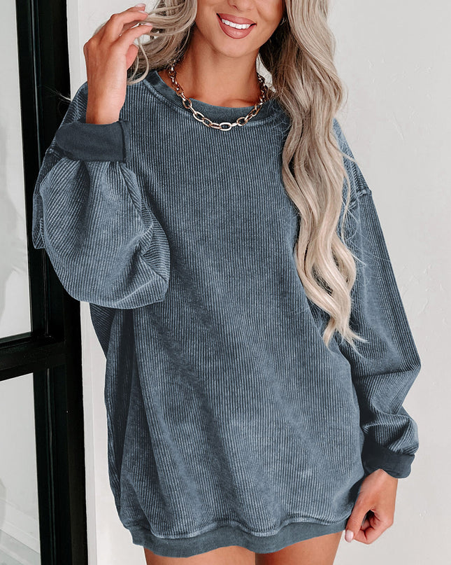 Green Ribbed Round Neck Drop Sleeve Pullover Sweatshirt