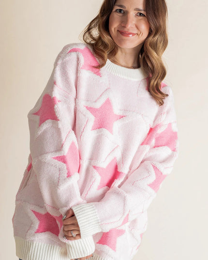 Sachet Pink Star Pattern Drop Sleeve Loose Sweater