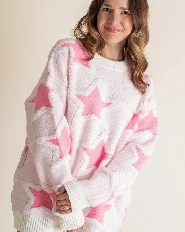 Sachet Pink Star Pattern Drop Sleeve Loose Sweater