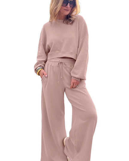 Mist Blue Wide-Leg Lounge Set | Drop Shoulder Crop Pullover & Drawstring Pants