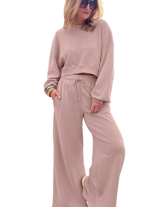 Mist Blue Wide-Leg Lounge Set | Drop Shoulder Crop Pullover & Drawstring Pants
