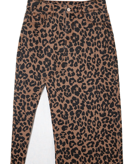Brown Leopard Frayed Split Denim Midi Skirt