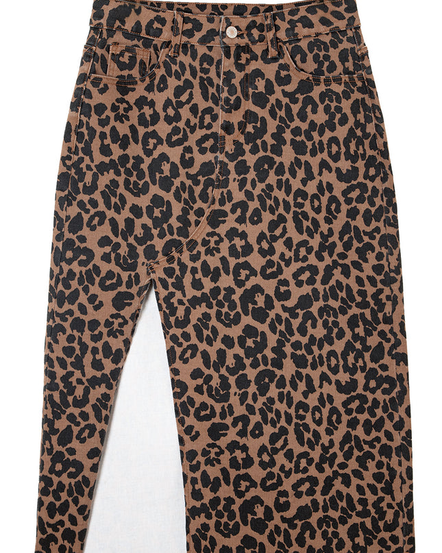 Brown Leopard Frayed Split Denim Midi Skirt