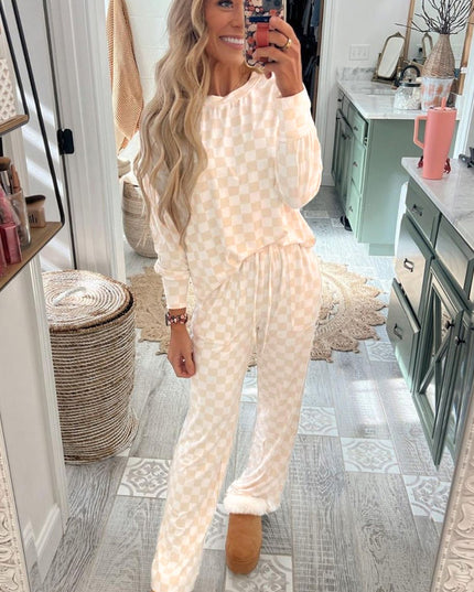 Beige Checkered Print Long Sleeve Loose Fit Pajama Set