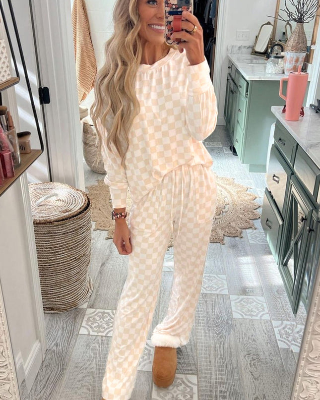 Beige Checkered Print Long Sleeve Loose Fit Pajama Set